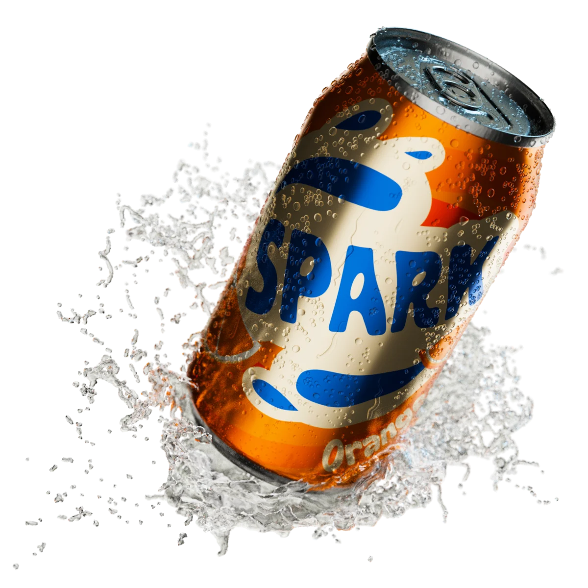 Freigestellte 3D-Darstellung einer schräg fallenden Getränkedose der fiktiven Marke SPARK mit orangem Etikett, die in einen Wasserspritzer eintaucht