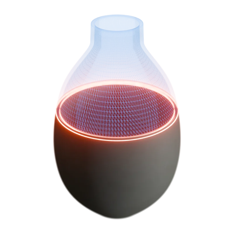 3D-Scan in Arbeit: Eine Vase, deren unterer Teil noch als massives Objekt zu sehen ist, darüber ein roter Laserring und der bereits erfasste obere Teil als blaues Drahtgittermodell
