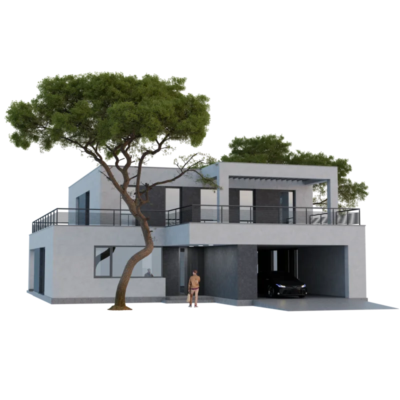 3D-Visualisierung eines modernen Einfamilienhauses mit Flachdach, umlaufender Dachterrasse und Carport, davor ein großer Baum, eine Person am Eingang und ein Auto unter dem Carport