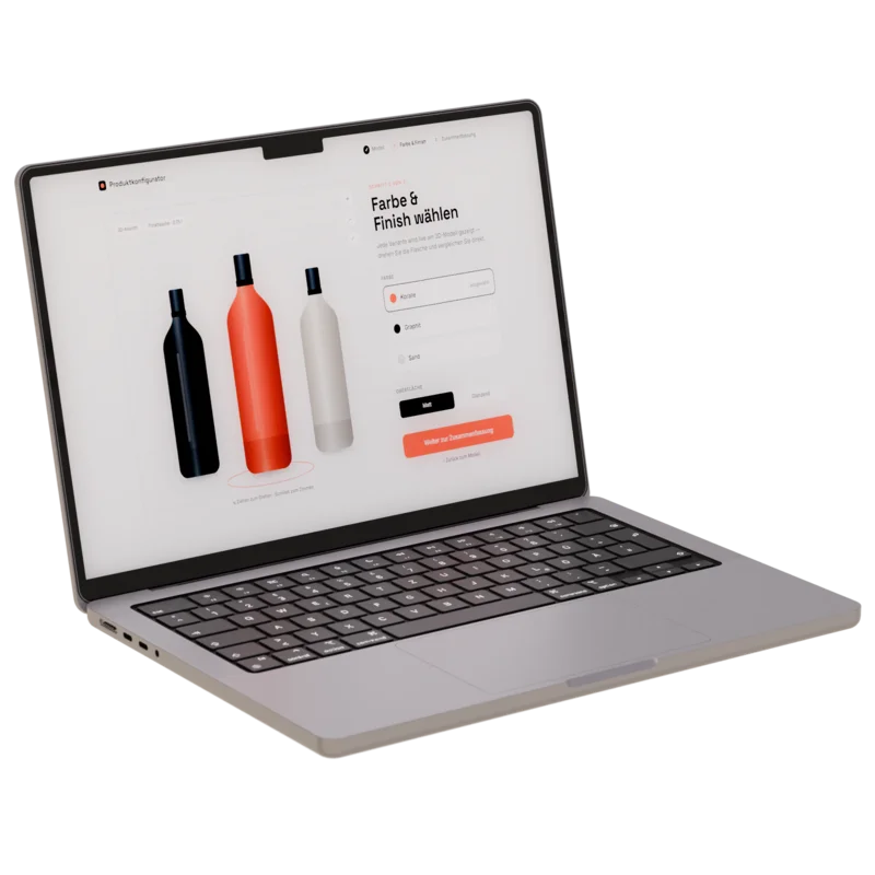 Aufgeklappter Laptop mit einem 3D-Produktkonfigurator im Browser: dieselbe Trinkflasche in drei Farben — Graphit, Koralle und Sand — daneben die Auswahl von Farbe und Oberfläche